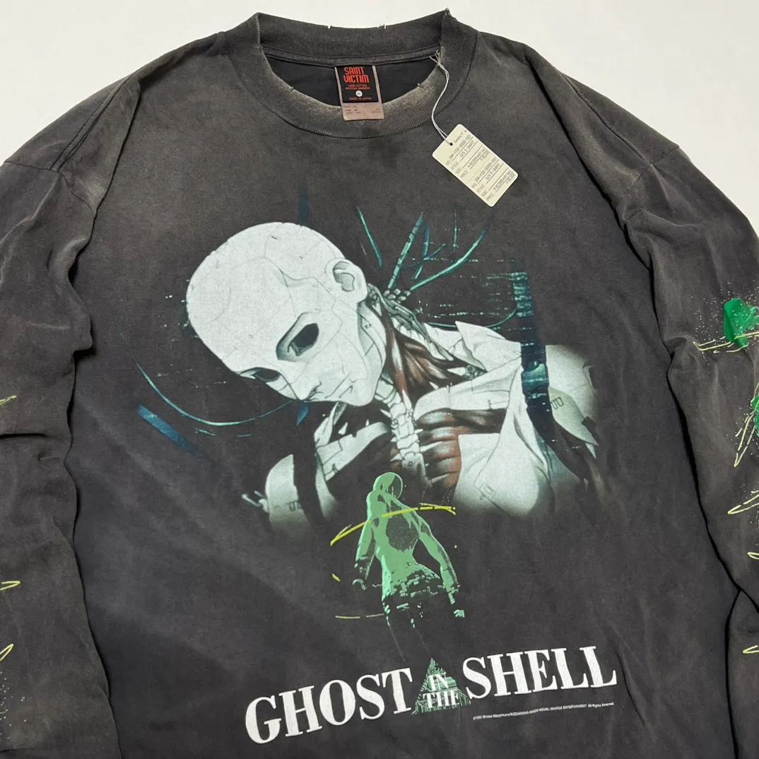 More details SAINT Mxxxxxx × GHOST IN THE SHELL Ghost in the Shell GS_LS TEE/GITS/BLK Big IP Ghost in the Shell joint model Motoko Kusanagi takes a bath Retro distressed long sleeves with holes Washed black S-XL